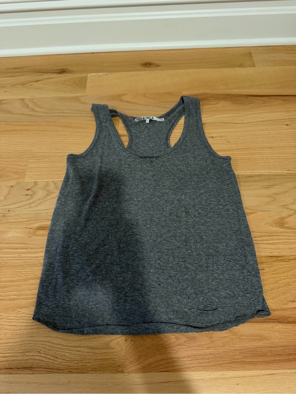 Pam & Gela Distressed Charcoal Gray Racerback Tank